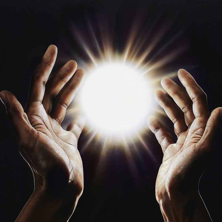 Reiki therapy Hands cupping a white glowing energy ball.